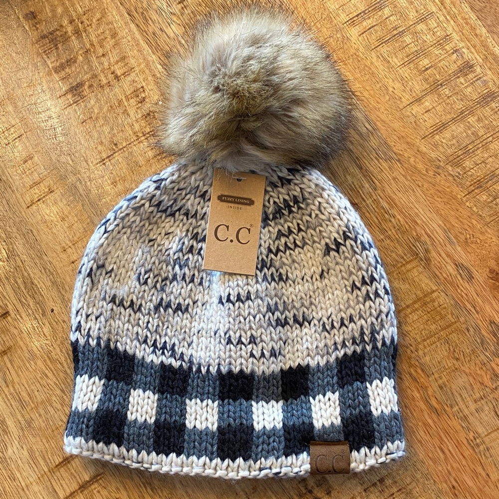 C.C Women’s Checkered Pom Pom Beanie - Gray and Black